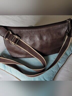 Coach Dark Brown Leather Crossbody Striped Webbing Strap. No A1260-F70559